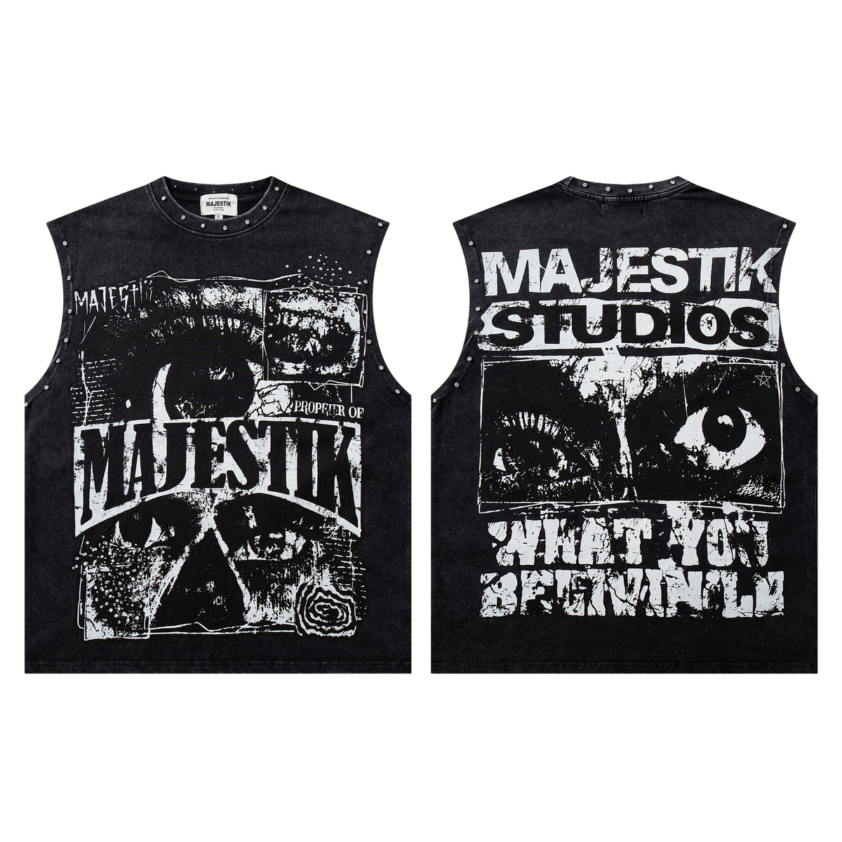 Majestik Studios Punk Eye Collage Rivet Vintage Washed Black Sleeveless Tank Top
