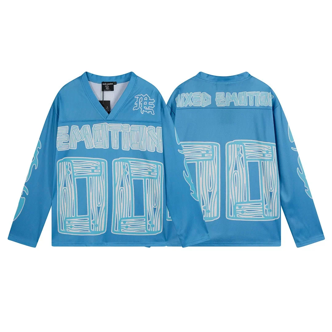 MIXED EMOTION Woodgrain 00 Football Jersey Bright Blue V‑Neck Long Sleeve