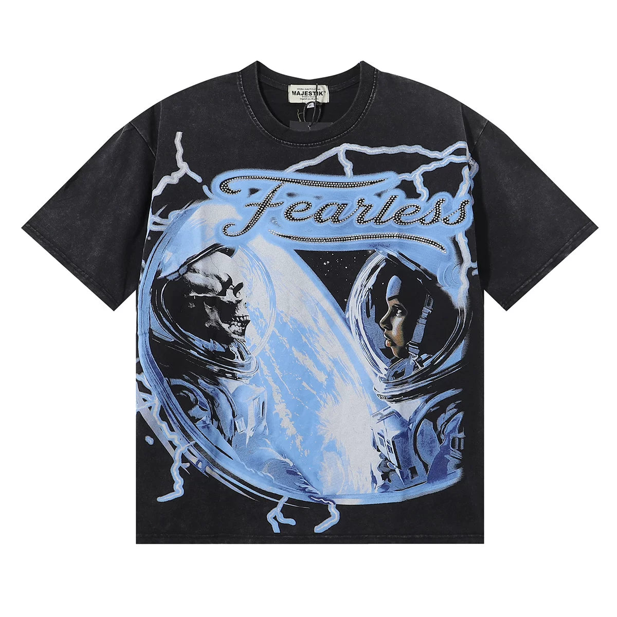 Majestik Fearless Skull Astronaut Space Vintage Washed Oversized Graphic Tee