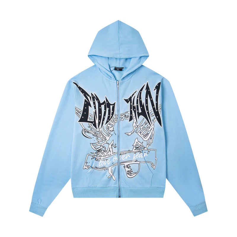 Mixed EMOTION Gothic Letter Light Blue Full‑Zip Hoodie