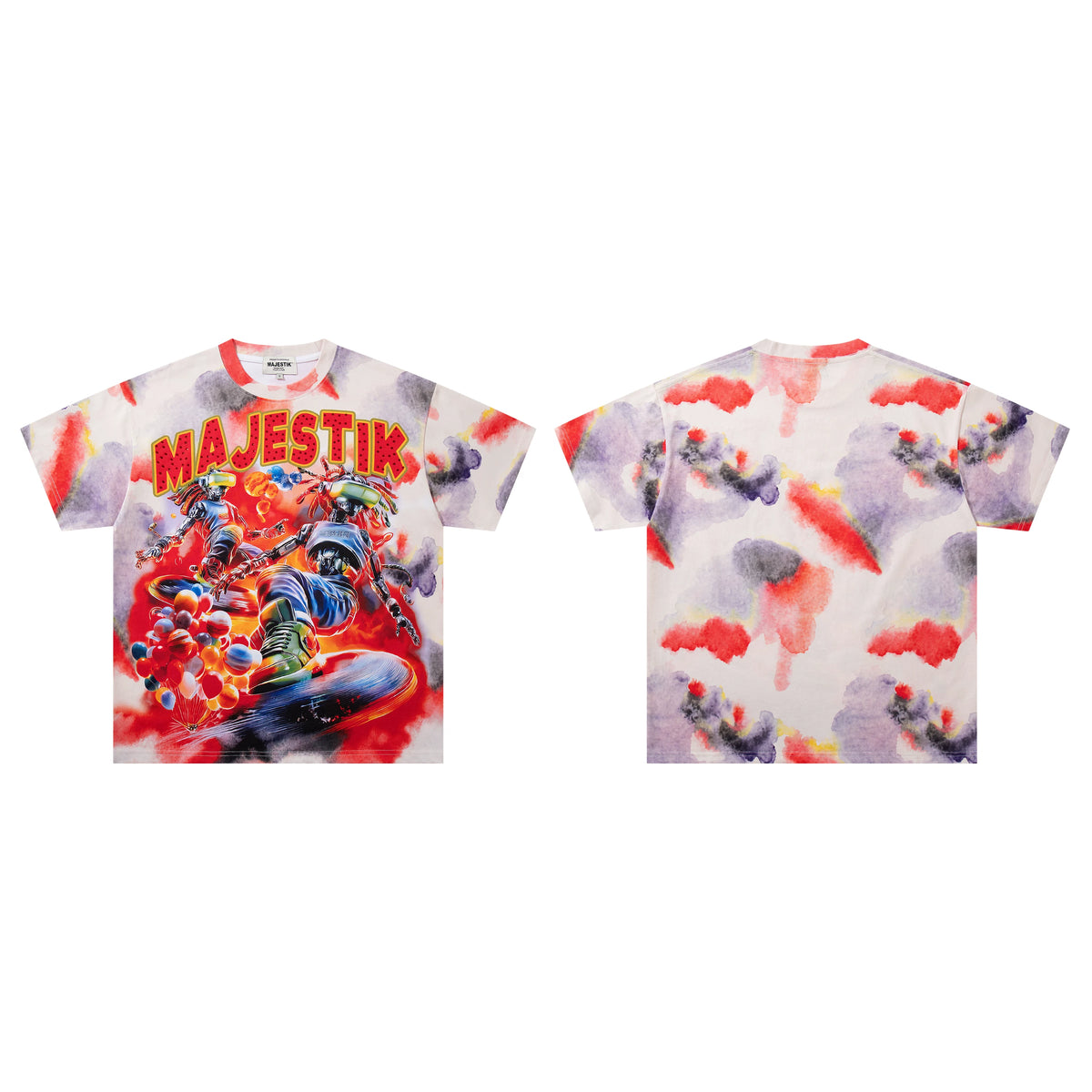 Majestik Robot Skateboarder Dreadlocks Balloons Tie‑Dye Red Purple Oversized Graphic Tee