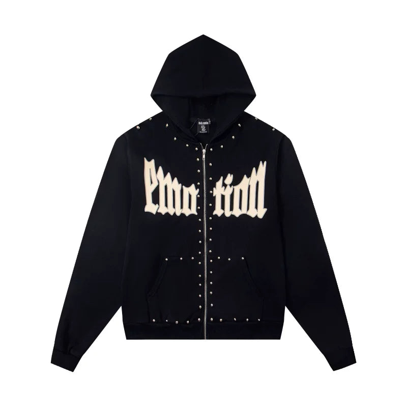 Mixed EMOTION Studded Gothic Letter Black Full‑Zip Hoodie