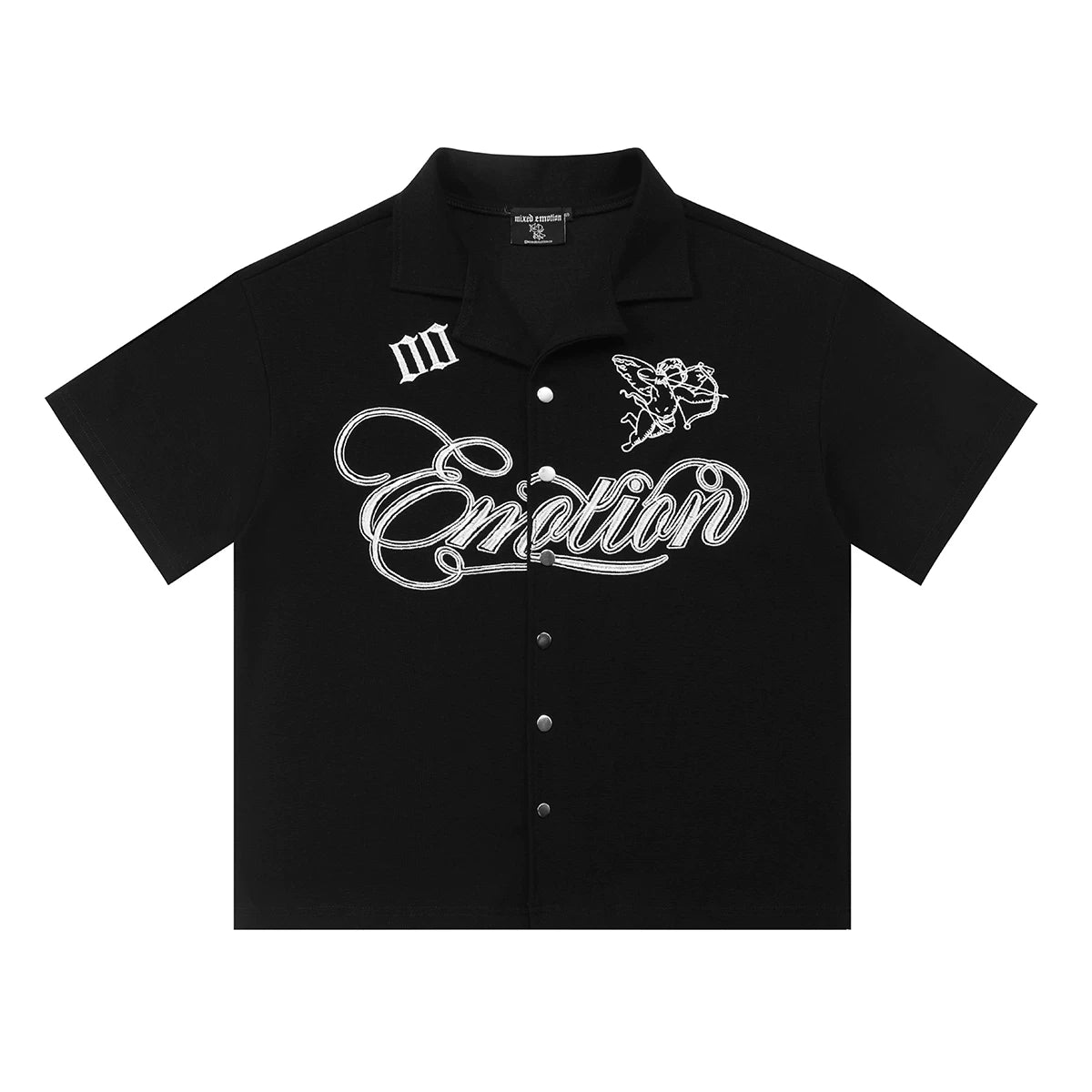 Mixed EMOTION Cupid Graphic Black Camp Collar Short‑Sleeve Button‑Up Shirt