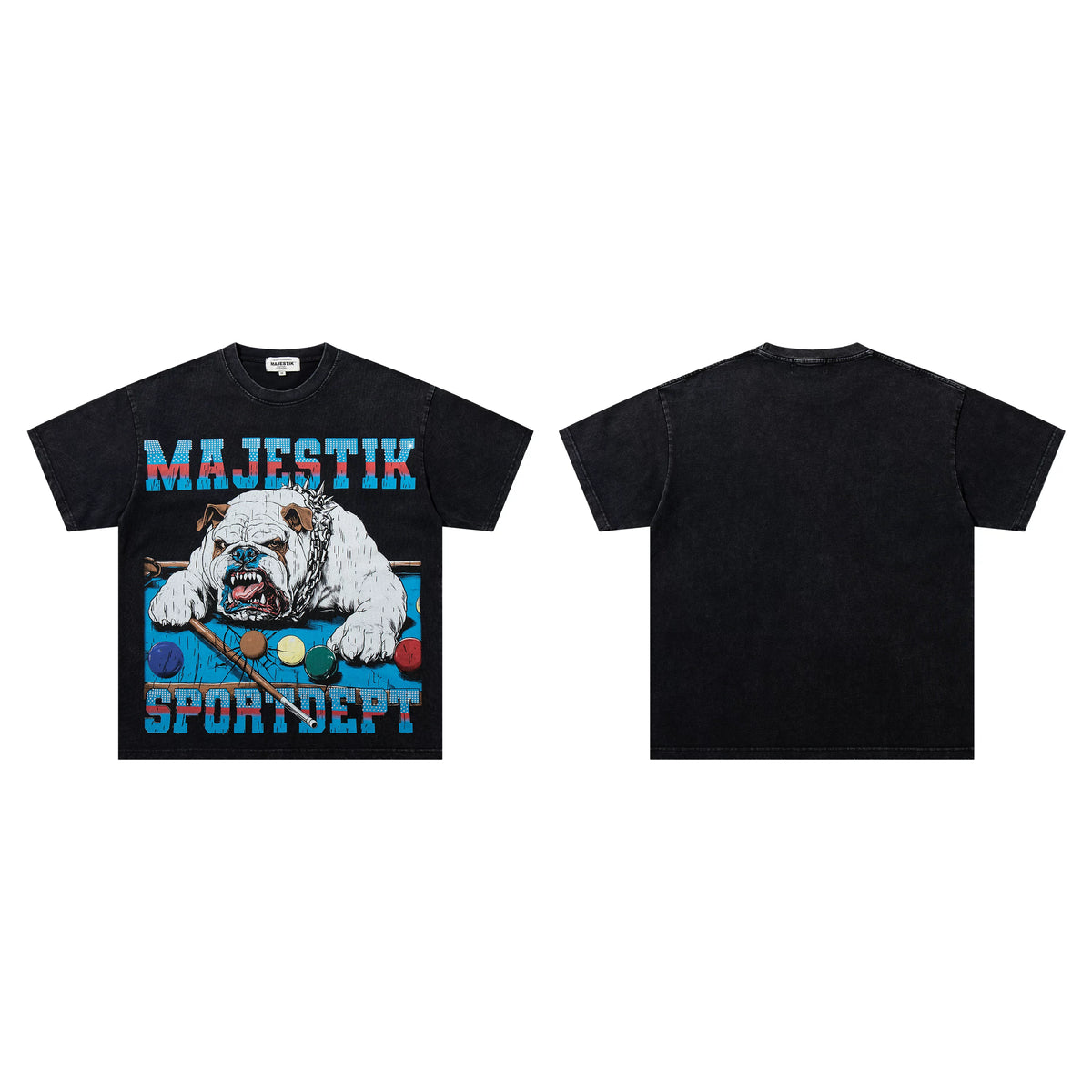 Majestik Sport Dept Bulldog Billiards Pool Table Vintage Washed Black Oversized Graphic Tee