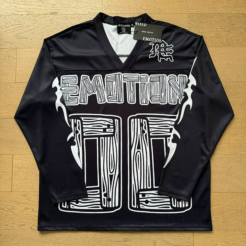 MIXED EMOTION Woodgrain 00 Football Jersey Black V‑Neck Long Sleeve
