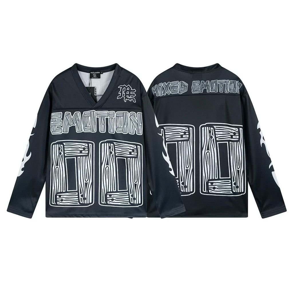 MIXED EMOTION Woodgrain 00 Football Jersey Black V‑Neck Long Sleeve
