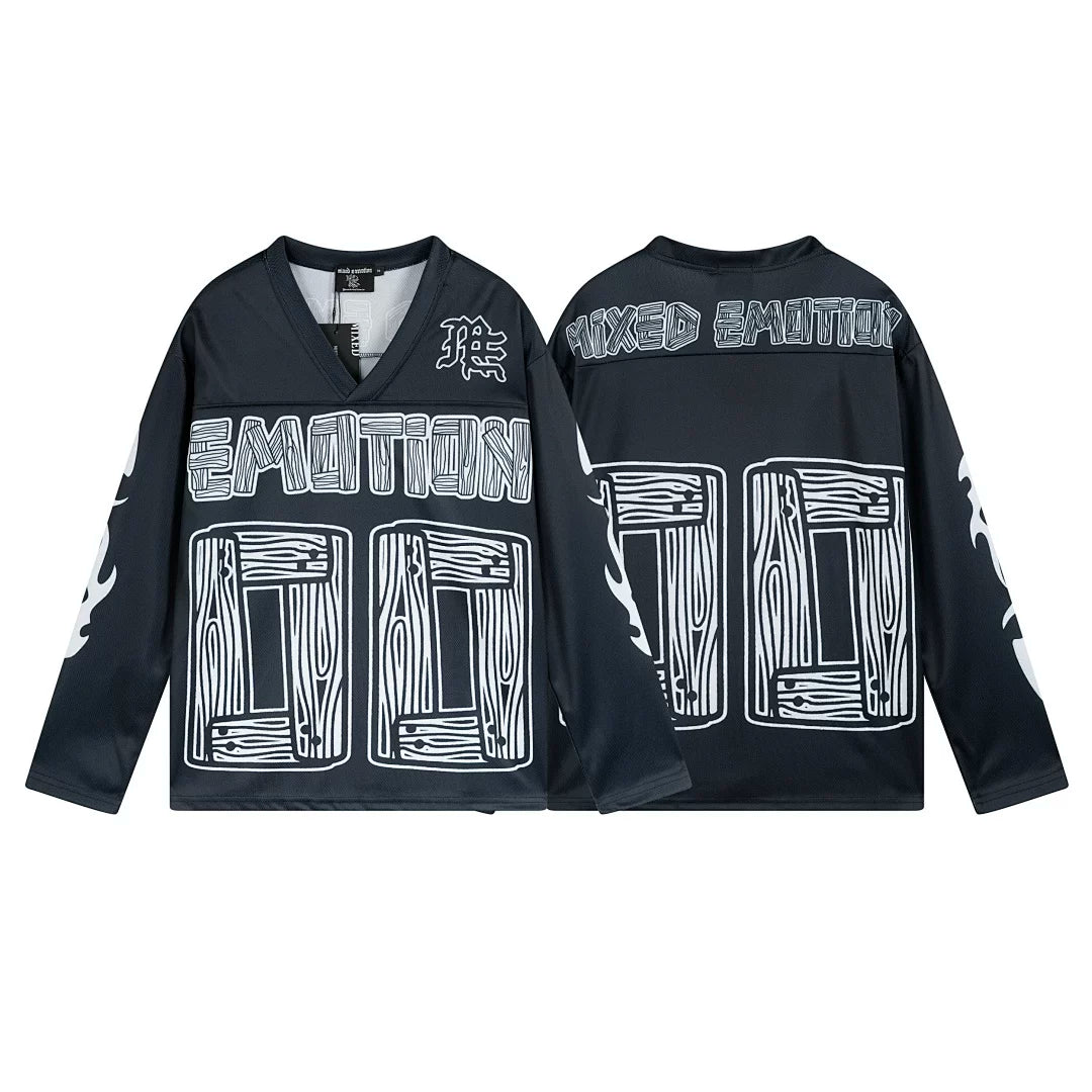 MIXED EMOTION Woodgrain 00 Football Jersey Black V‑Neck Long Sleeve