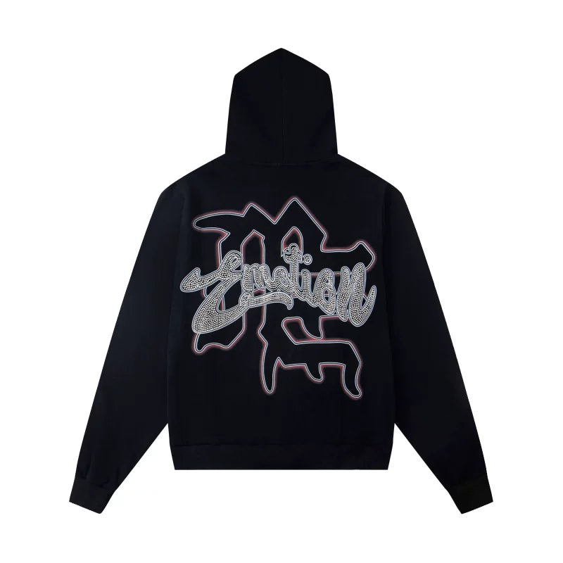 Mixed EMOTION Rhinestone Cupid Angel Vintage Art Black Full‑Zip Hoodie