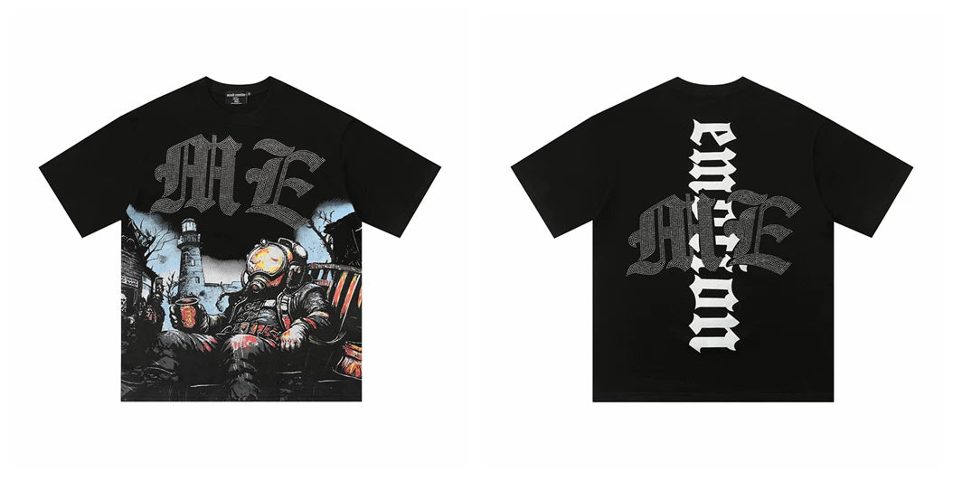 Mixed EMOTION ME Monogram Gas Mask Survivor Lighthouse Black Oversized Graphic Tee