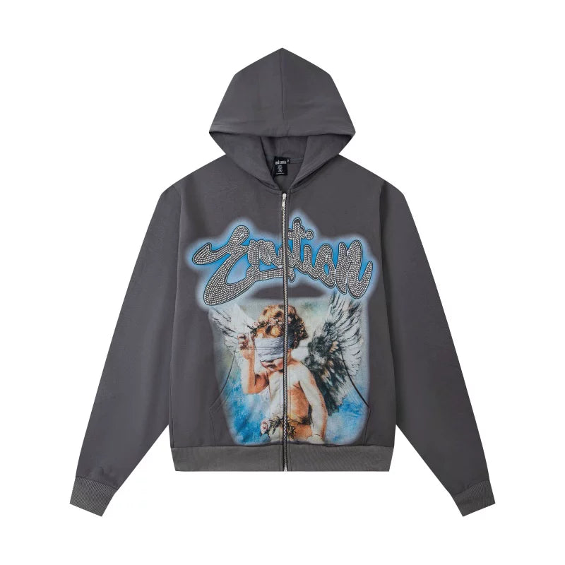 Mixed EMOTION Rhinestone Cursive Blindfolded Angel Grey Full‑Zip Hoodie