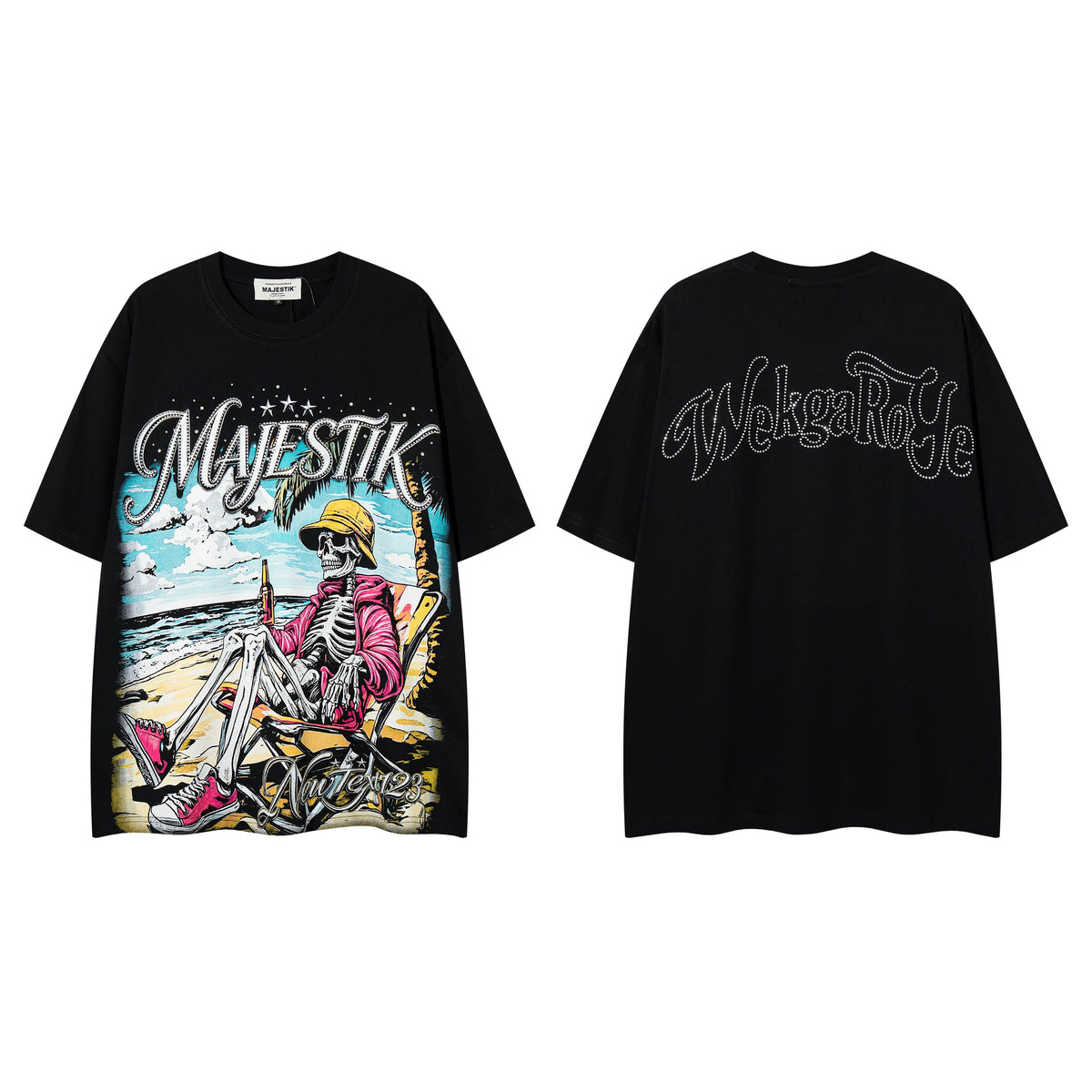 Majestik Beach Vacation Skeleton Chill Drinking Beer Vintage Black Oversized Graphic Tee