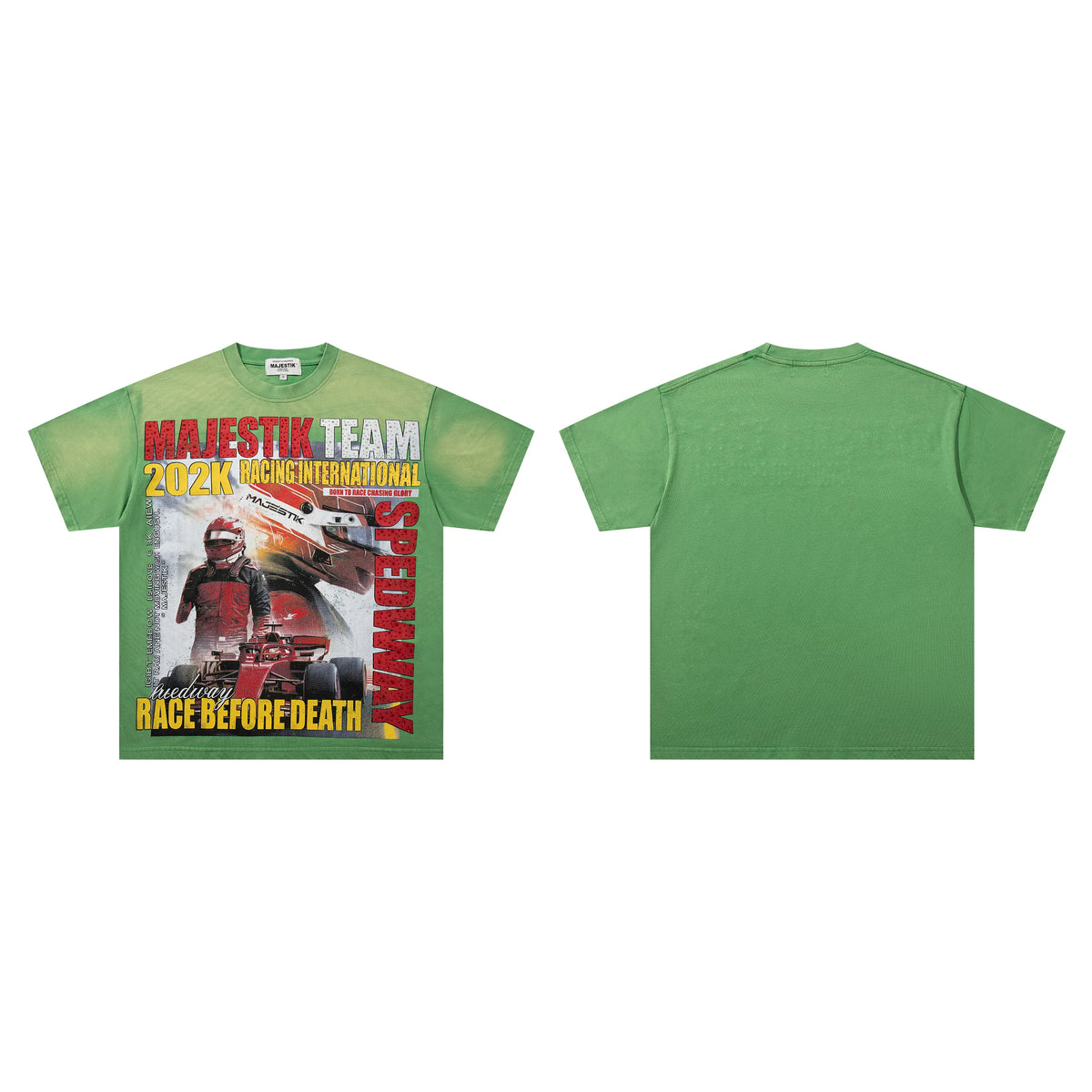 Majestik Team 202K Racing International Speedway Race Before Death Vintage Washed Green Oversized Graphic Tee