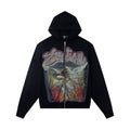 Mixed EMOTION Rhinestone Cupid Angel Vintage Art Black Full‑Zip Hoodie
