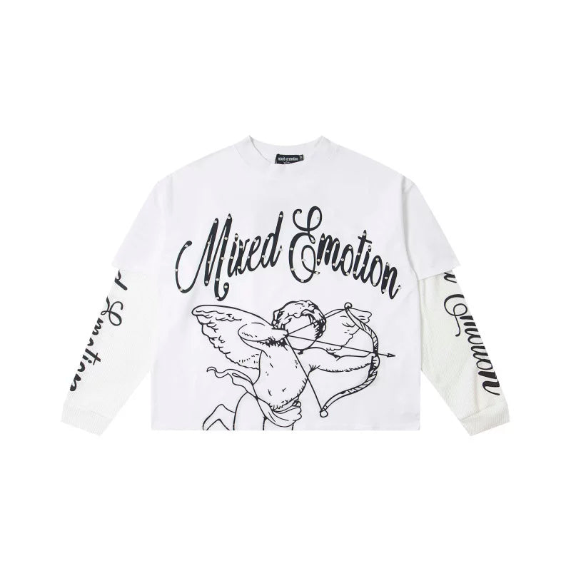 Mixed EMOTION Rhinestone Cursive Back Print White Fake Two‑Piece Long Sleeve Tee