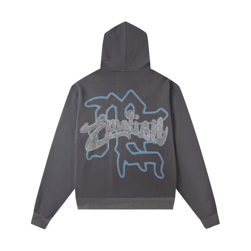 Mixed EMOTION Rhinestone Cursive Blindfolded Angel Grey Full‑Zip Hoodie