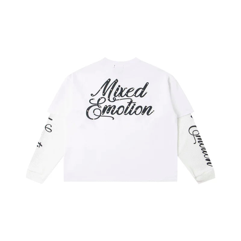Mixed EMOTION Rhinestone Cursive Back Print White Fake Two‑Piece Long Sleeve Tee