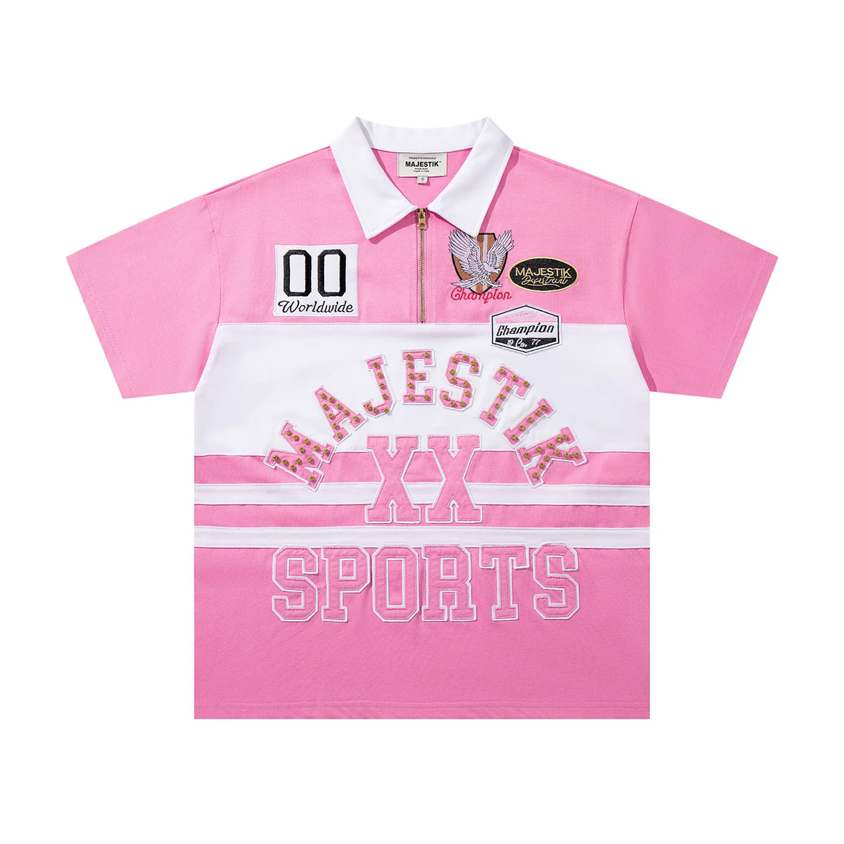Majestik Sports XX Pink White Color‑Block Half‑Zip Polo Shirt
