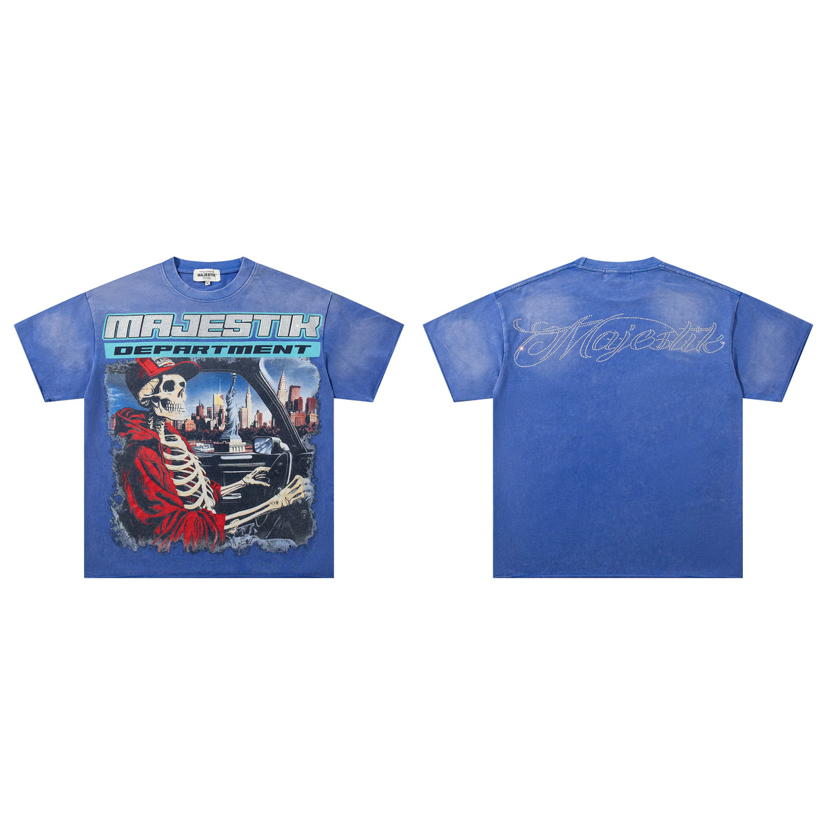 Majestik Department Skeleton Driver NYC Skyline Blue Vintage Washed Oversized Graphic Tee