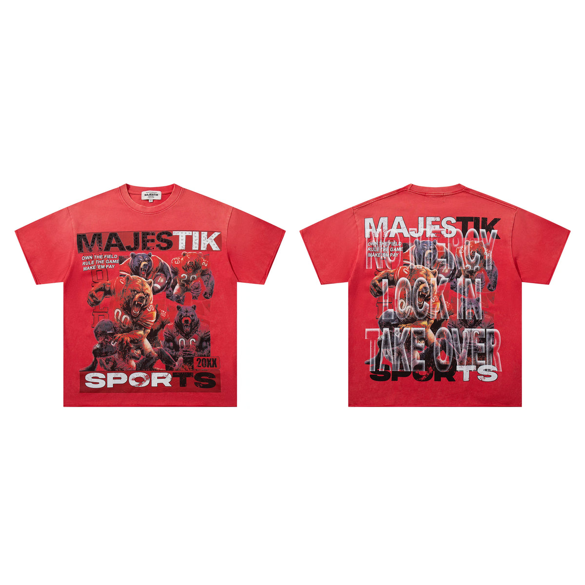 Majestik Sports Lock In Take Over Bear Football Vintage Washed Red Oversized Graphic Tee
