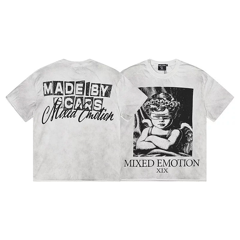 Mixed EMOTION Blindfolded Flower‑Crown Cherub Vintage Washed White Oversized Graphic Tee