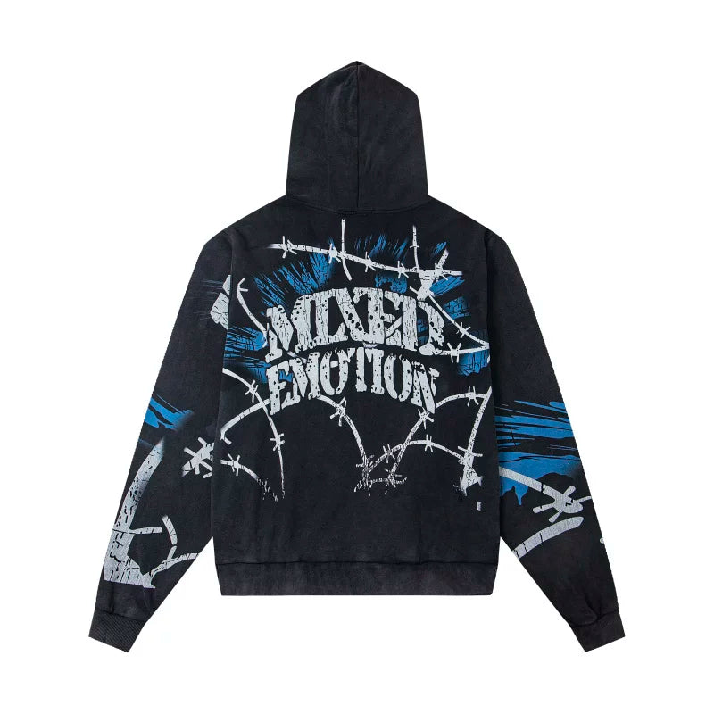 Mixed EMOTION Gas Mask Graffiti Spray Paint Vintage Washed Black Full‑Zip Hoodie