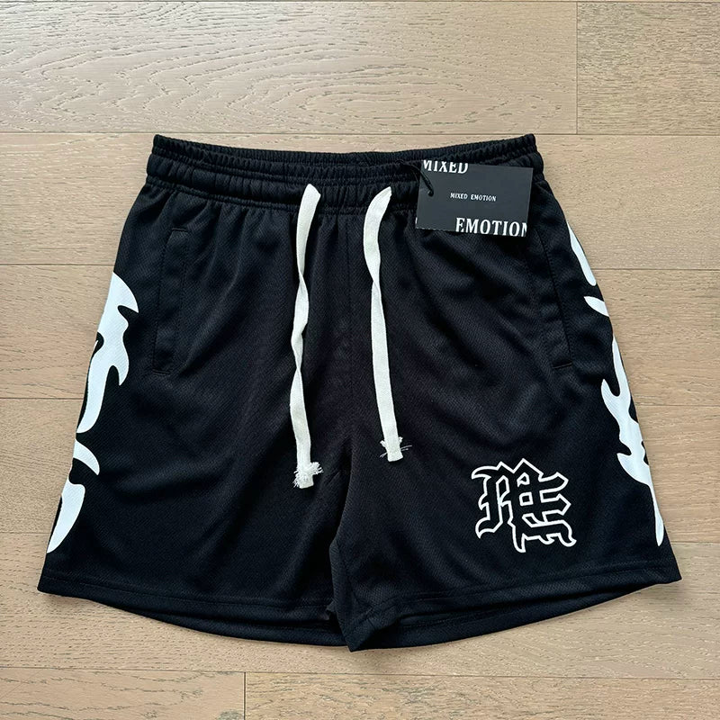 Mixed EMOTION White Flame Graphic ME Monogram Black Mesh Shorts