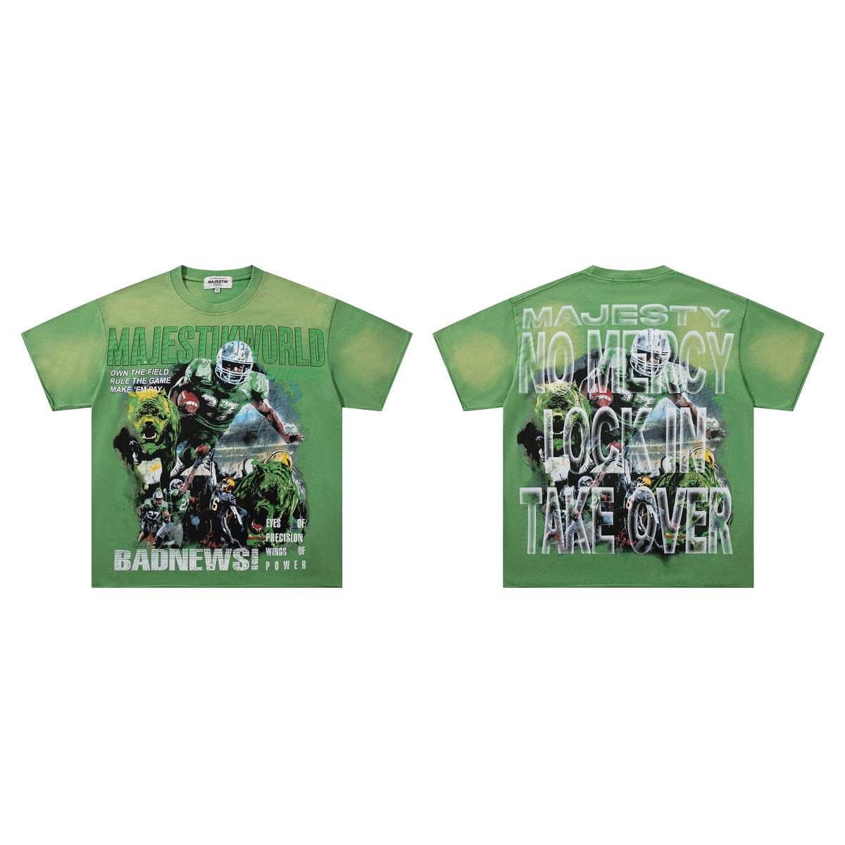 Majestik World Bad News No Mercy Lock In Take Over Football Bear Vintage Washed Green Oversized Graphic Tee