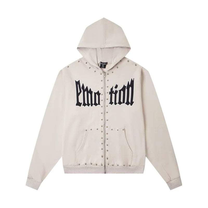 Mixed EMOTION Studded Gothic Letter Beige Full‑Zip Hoodie