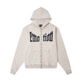 Mixed EMOTION Studded Gothic Letter Beige Full‑Zip Hoodie