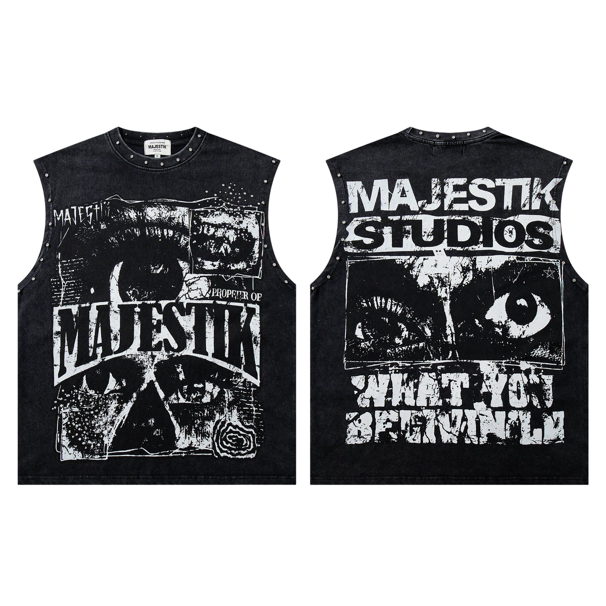 Majestik Studios Punk Eye Collage Rivet Vintage Washed Black Sleeveless Tank Top