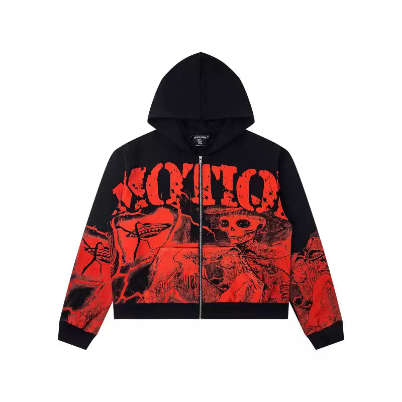 Mixed EMOTION Skeleton Cowboy Lightning Vintage Washed Black Full‑Zip Hoodie