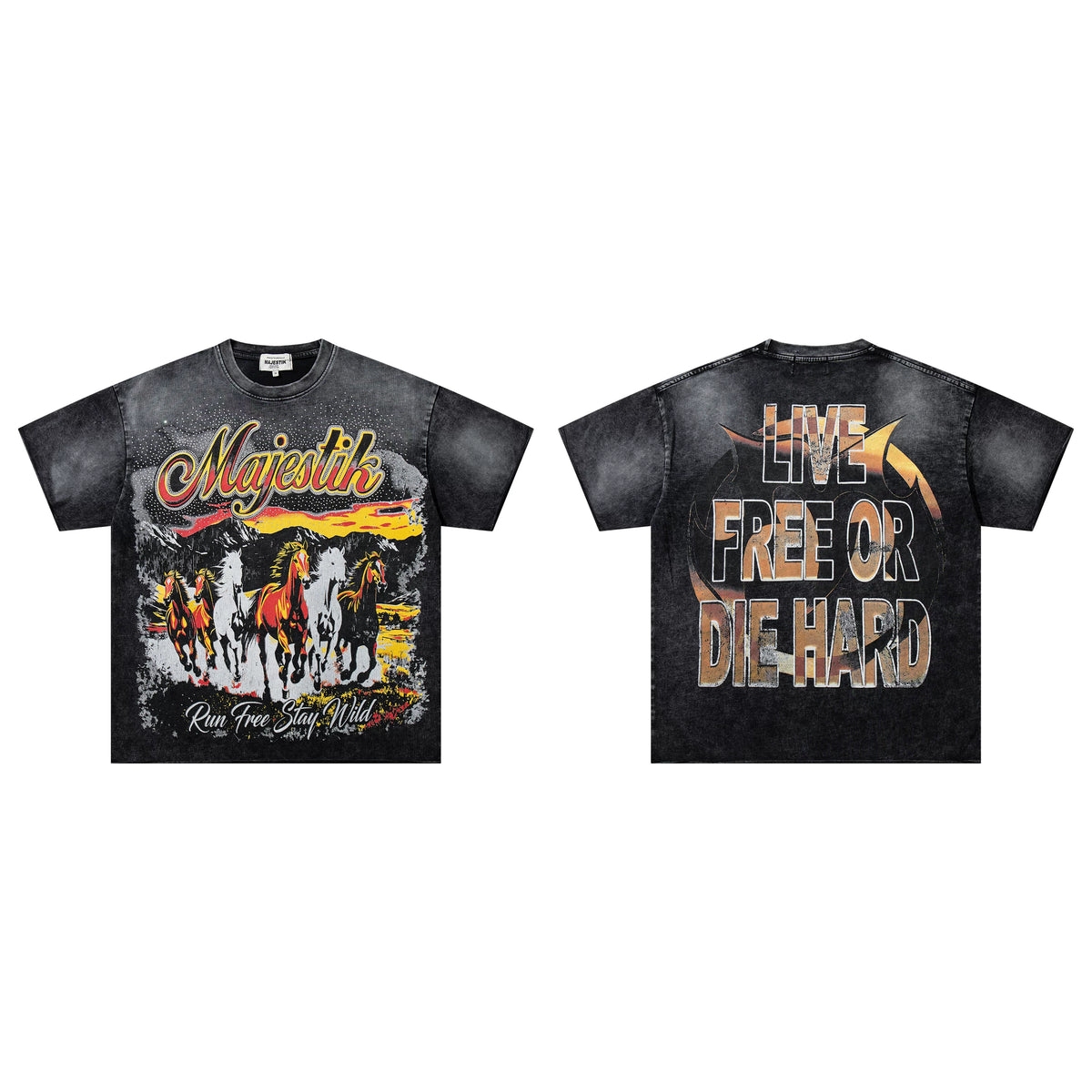 Majestik Run Free Stay Wild Wild Horses Sunset Vintage Washed Oversized Graphic Tee