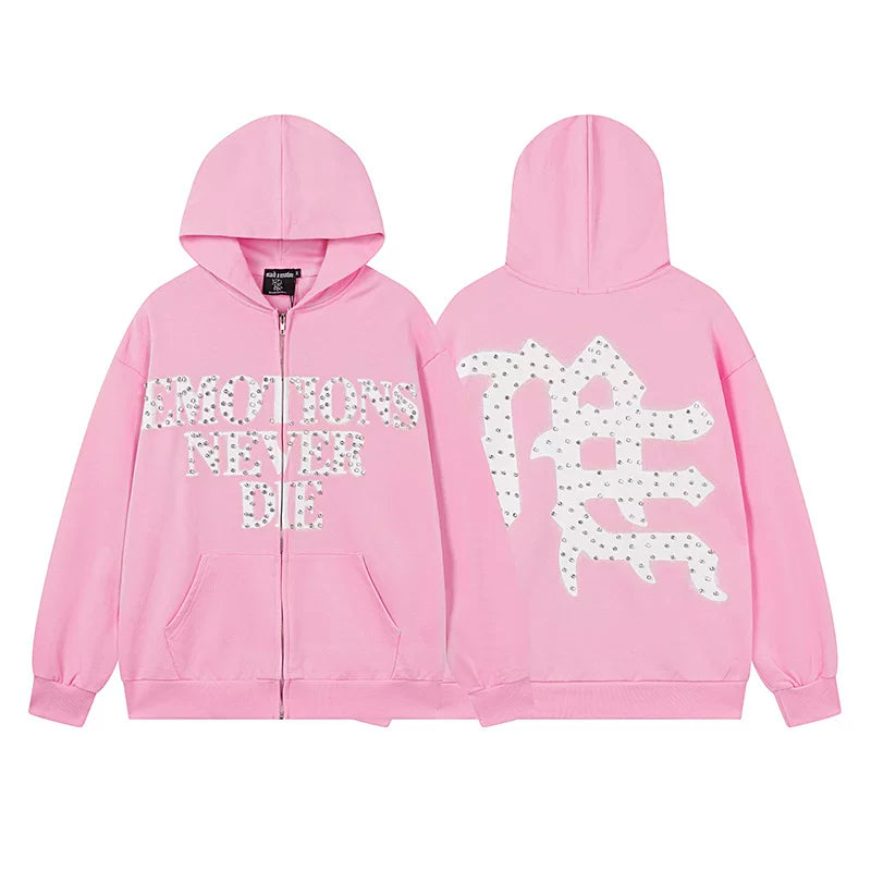 Mixed EMOTIONNever Die Studded ME Monogram Pink Full‑Zip Hoodie