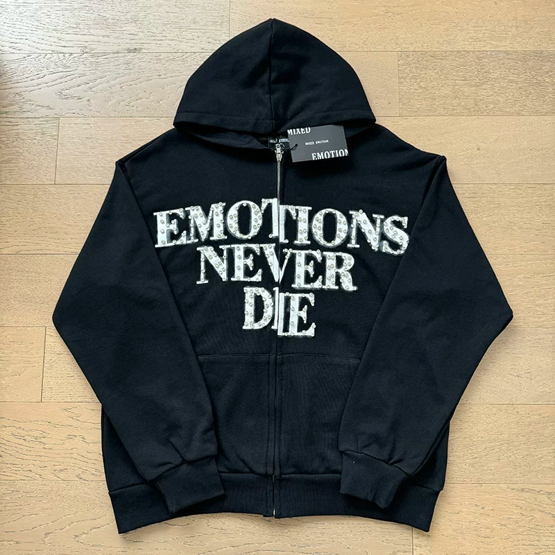 Mixed EMOTION Never Die Studded Chinese Character Black Full‑Zip Hoodie