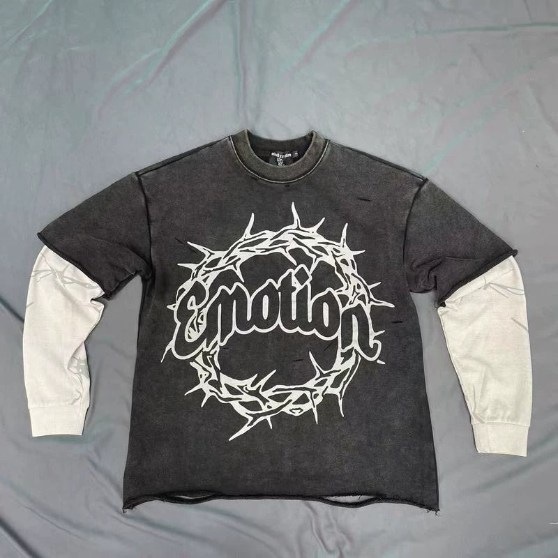 Mixed EMOTION Thorn Crown Emotion Vintage Washed Black Fake Two‑Piece Long Sleeve Tee