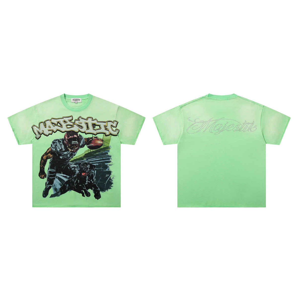 Majestik Football Player With Bulldog Lime Green Vintage Washed Oversized Graphic Tee