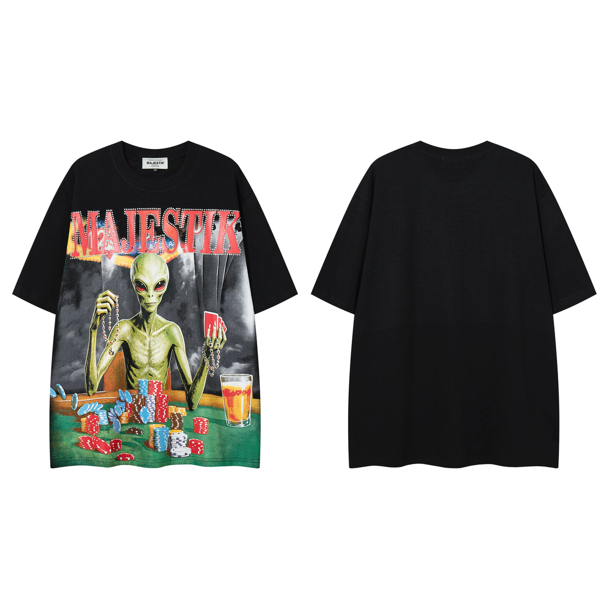 Majestik Alien Gambler Poker Casino Chips Beer Vintage Black Oversized Graphic Tee