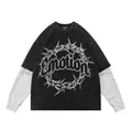 Mixed EMOTION Thorn Crown Emotion Vintage Washed Black Fake Two‑Piece Long Sleeve Tee