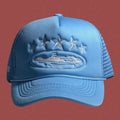Corteiz Vintage Light Blue Trucker Hat with White Stars and Cruise Ship Graphic
