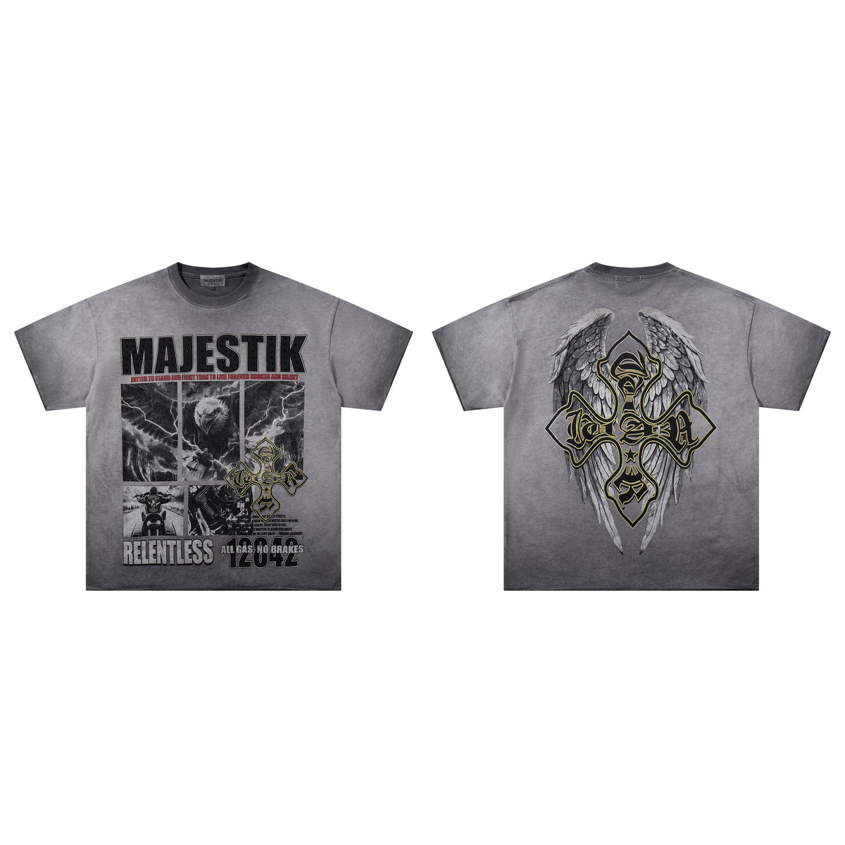 Majestik Relentless All Gas No Brakes Eagle Winged Cross Vintage Washed Grey Oversized Graphic Tee