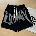 Mixed EMOTION Rhinestone Gothic Letter Raw Hem Black Sweat Shorts