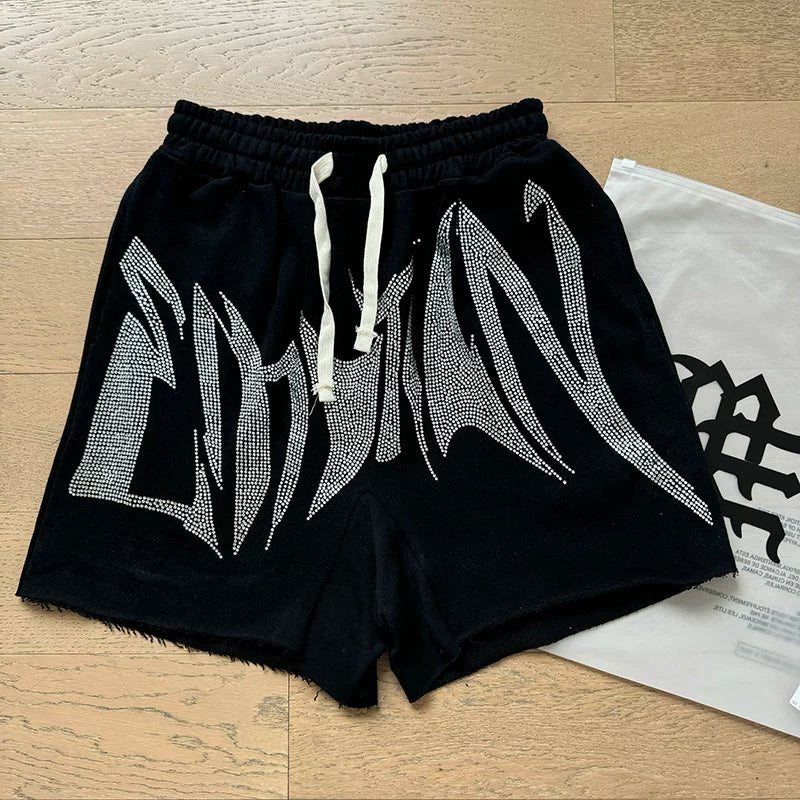 Mixed EMOTION Rhinestone Gothic Letter Raw Hem Black Sweat Shorts