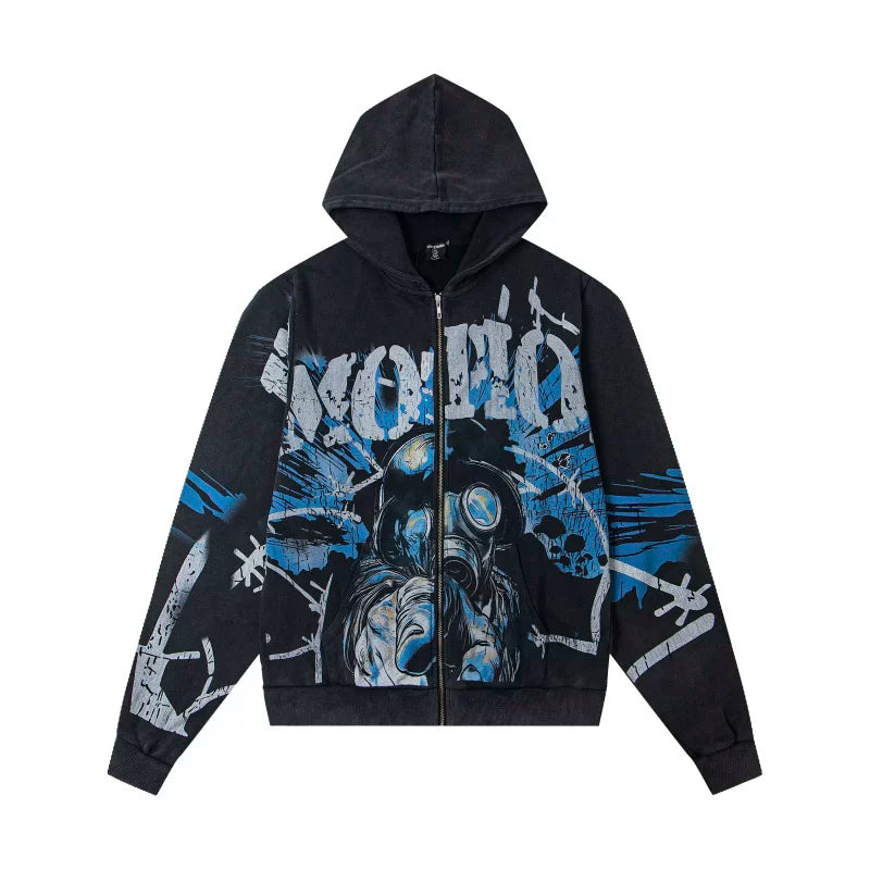 Mixed EMOTION Gas Mask Graffiti Spray Paint Vintage Washed Black Full‑Zip Hoodie