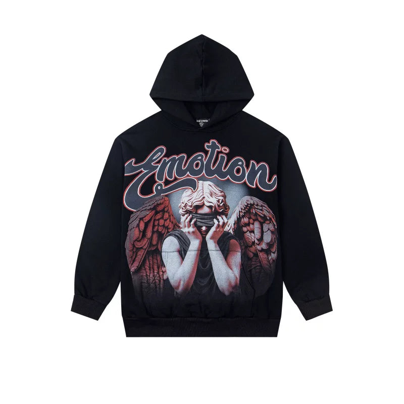 Mixed EMOTION Cursive Blindfolded Angel Statue Black Pullover Hoodie