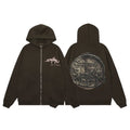 Streetwear Vintage Coin Graphic Full-Zip Hoodie - Coffee Brown