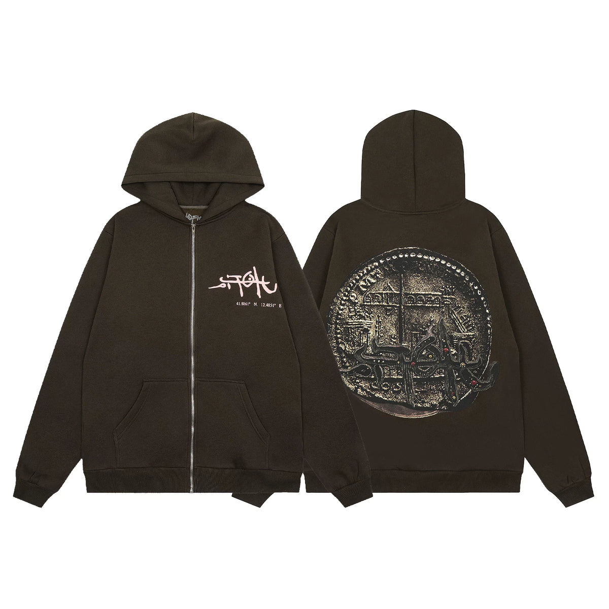 Streetwear Vintage Coin Graphic Full-Zip Hoodie - Coffee Brown