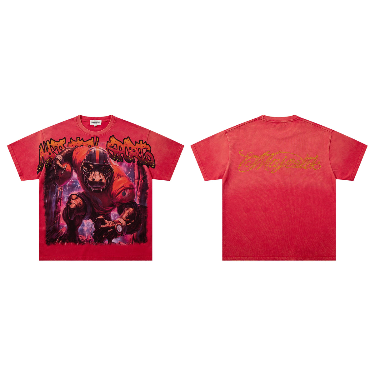 Majestik Crocodile Football Athlete Thunder Vintage Washed Red Oversized Graphic Tee