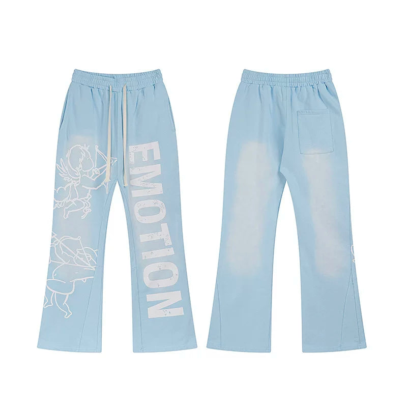 MIXED EMOTION Cupid Angel Print Vintage Washed Light Blue Flared Sweatpants