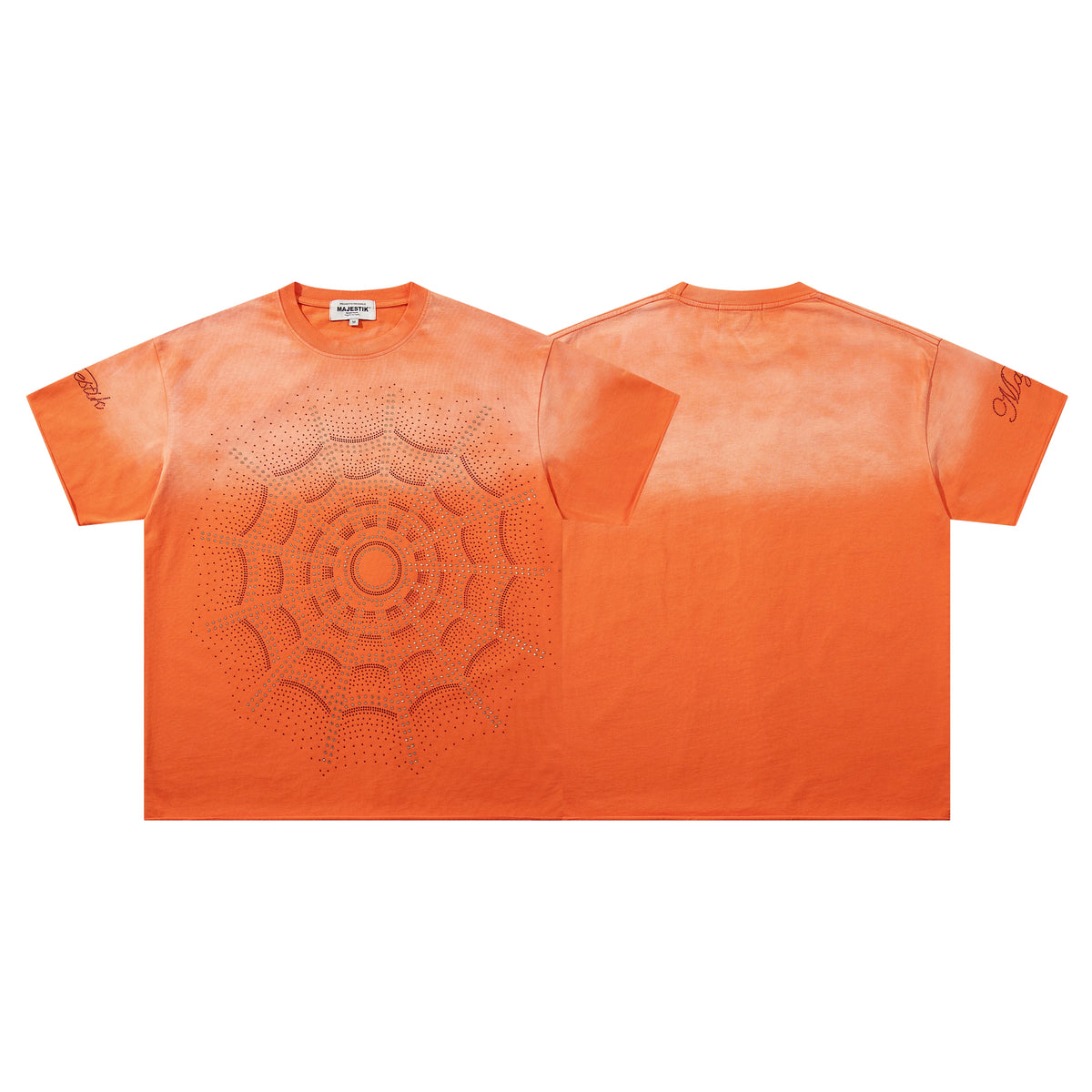 Majestik Rhinestone Spider Web Vintage Washed Orange Oversized Graphic Tee