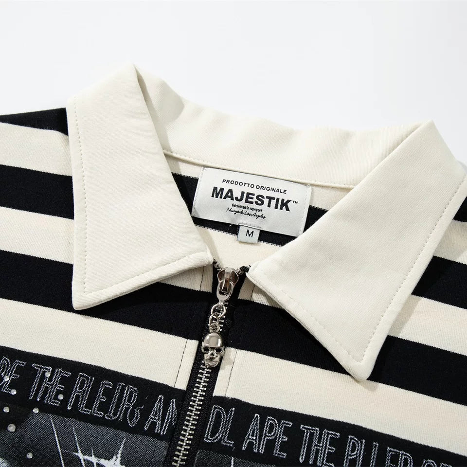 Majestik Crown Of Thorns Skull Eye Black White Stripe Half‑Zip Polo Shirt
